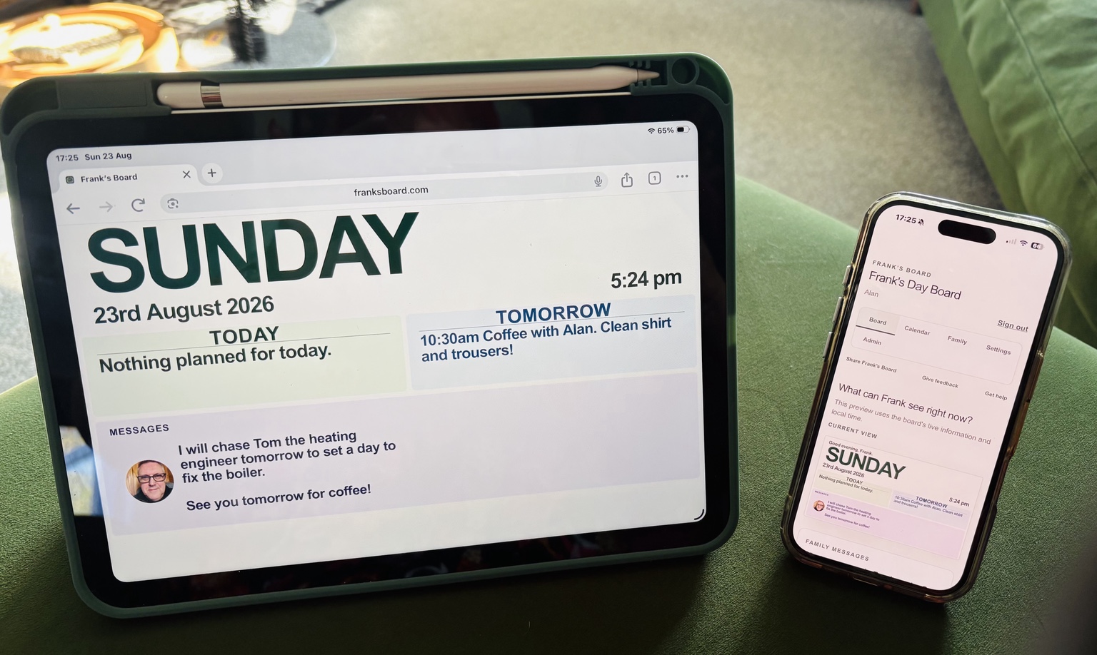 Frank's Board shown on a tablet alongside the family management screen on a phone, demonstrating the original idea working in Frank's home.