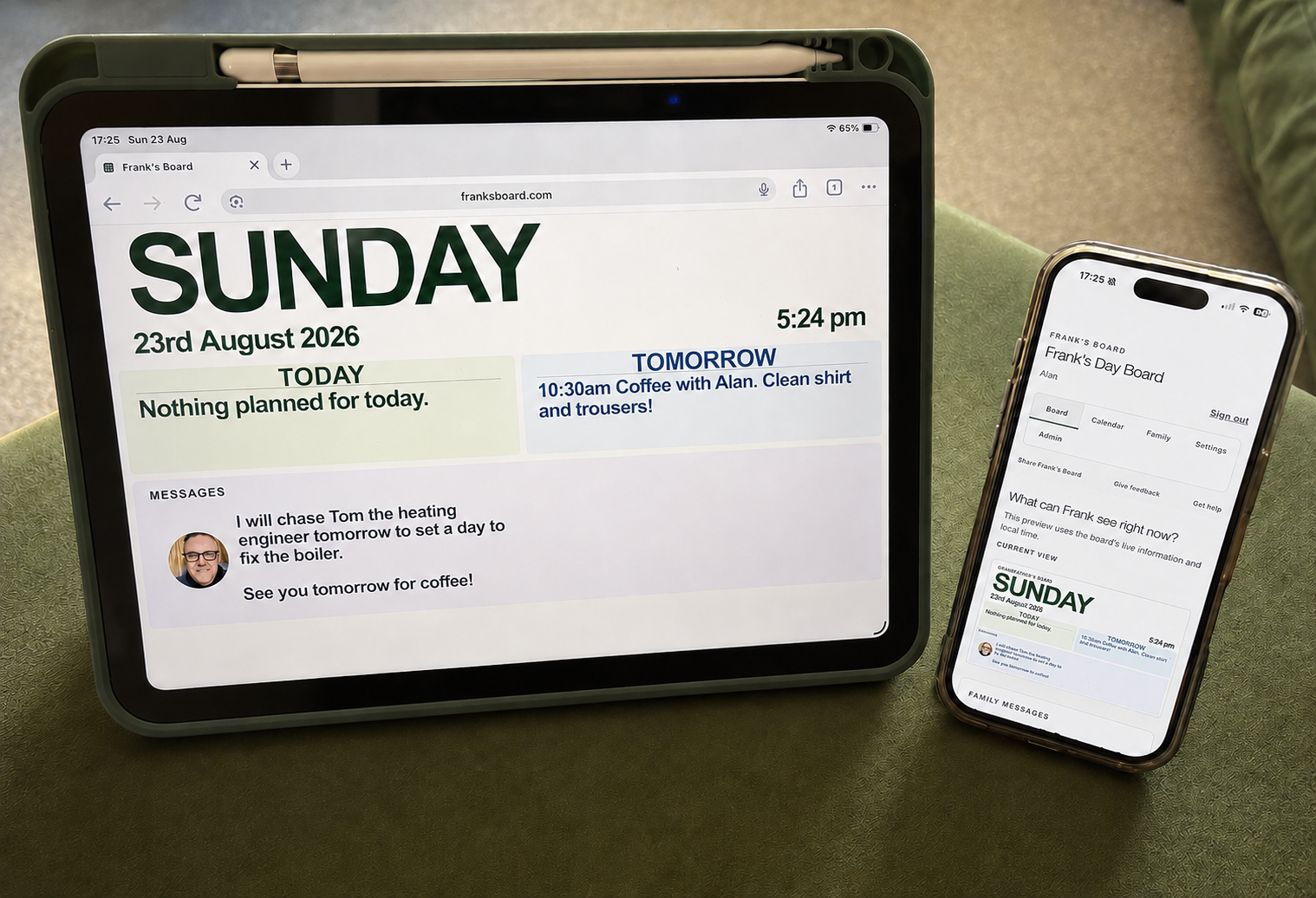 Frank's Board shown on a tablet alongside the family management screen on a phone, showing how a family manages the Board remotely while the person sees clear information.